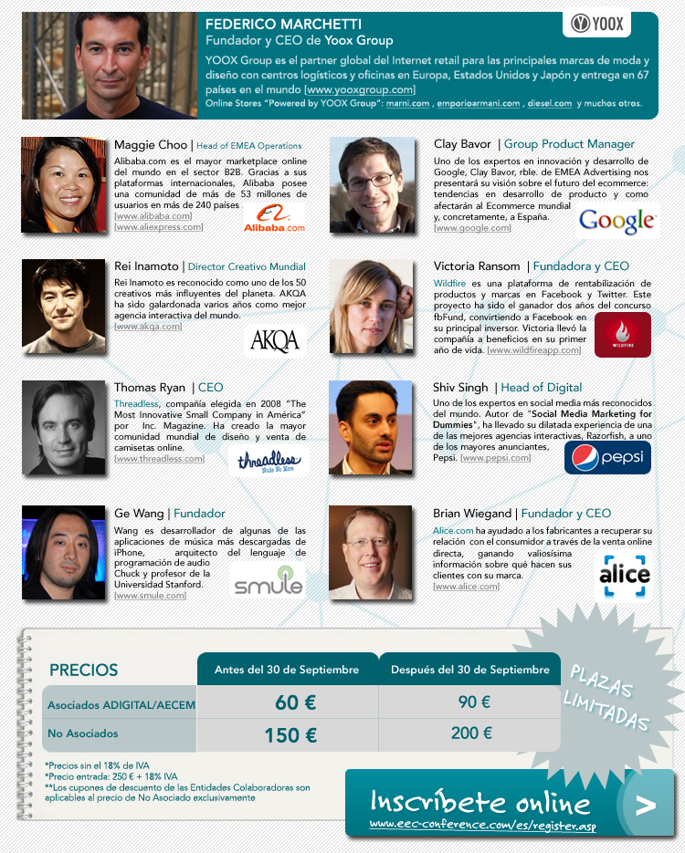 PONENTES: Federico Marchetti, Fundador de Yoox; Brian Wiegand, Fundador y CEO de Alice.com, entre otros. &iexcl;INSCRIBETE!