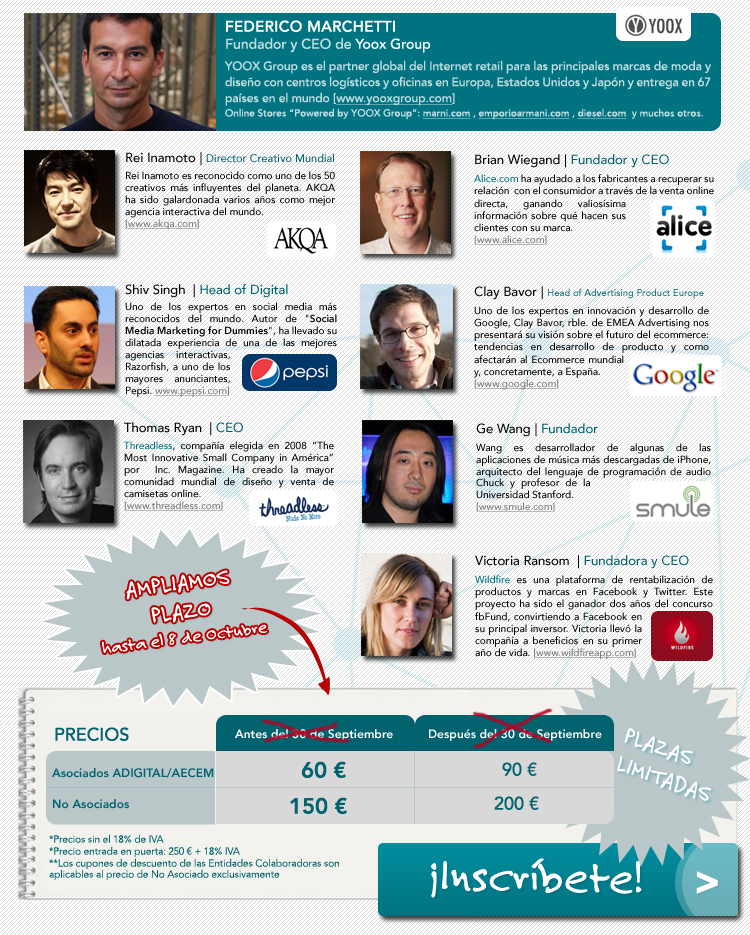PONENTES: Federico Marchetti, Fundador de Yoox; Brian Wiegand, Fundador y CEO de Alice.com, entre otros. &iexcl;INSCRIBETE!